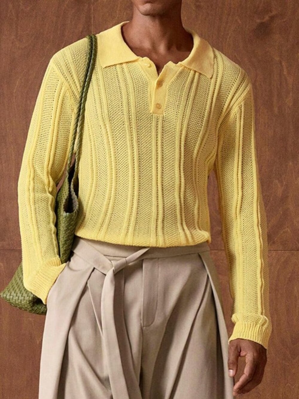 Light Yellow Casual Men's Long Sleeve Polo Sweater